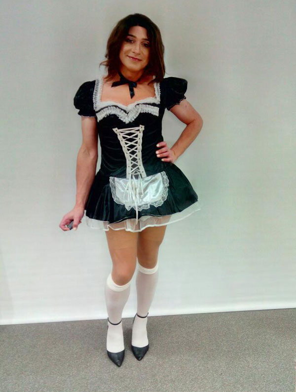 Crossdresser Gabby in sissy maid dress