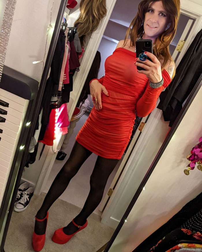 cute crossdresser in red dress