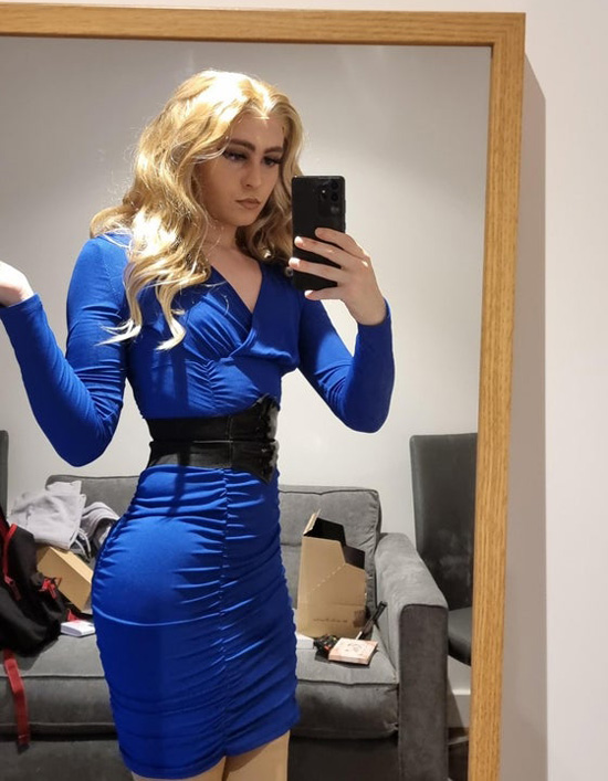 crossdressing in blue dress