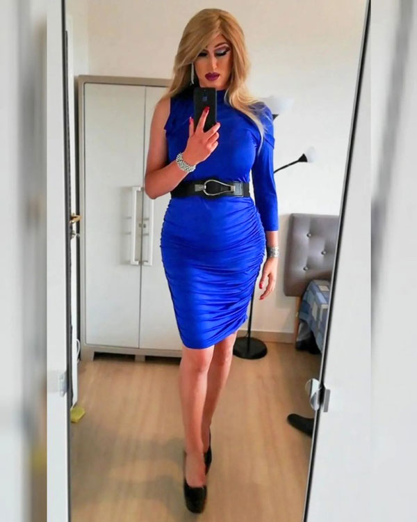 crossdresser in blue dress