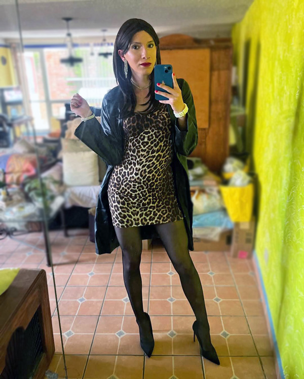 Crossdressing in animal print dress